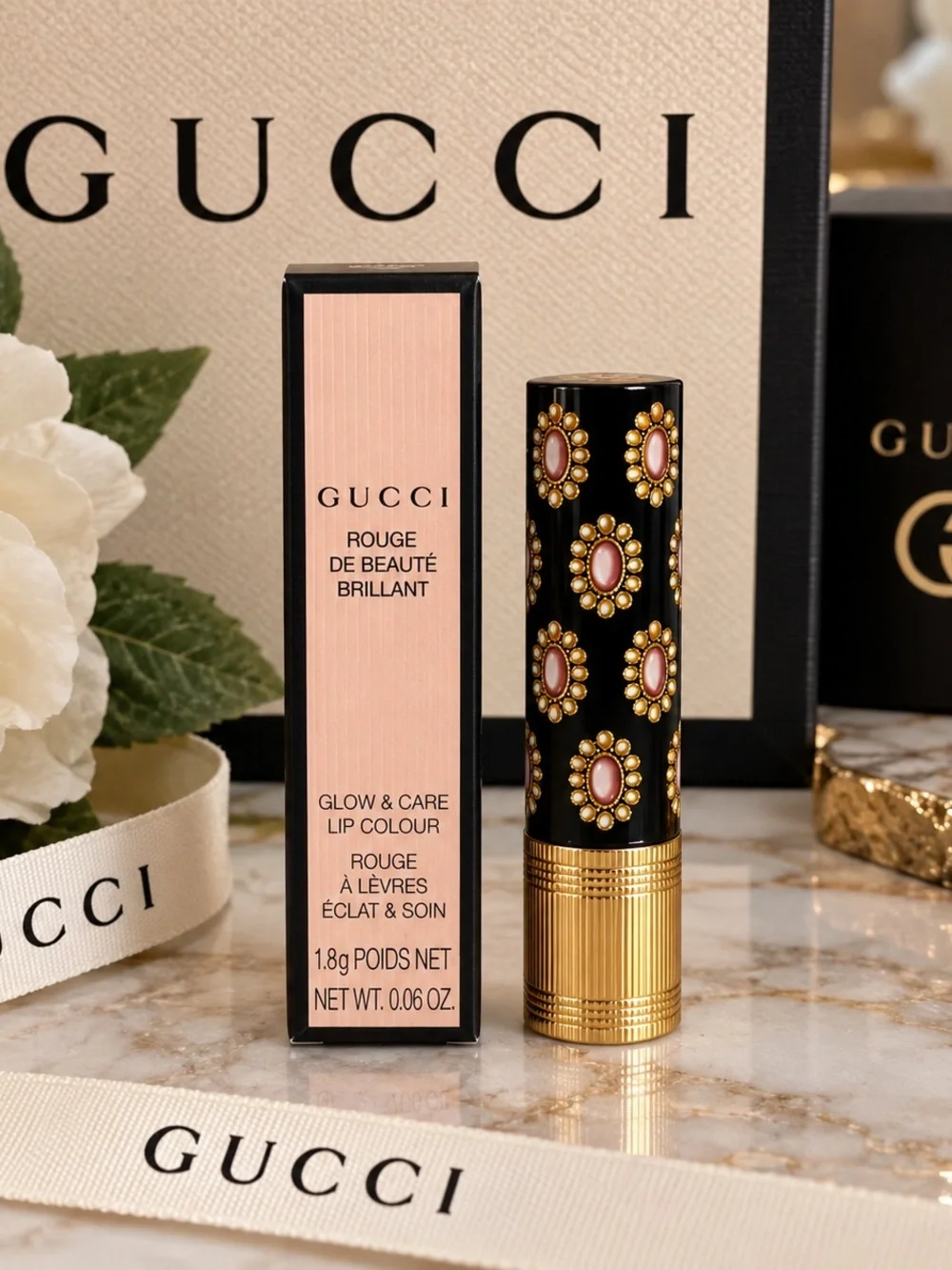 Gucci Lip Colour Glow & Care in Light Pink with Black & Gold Decorative Bullet